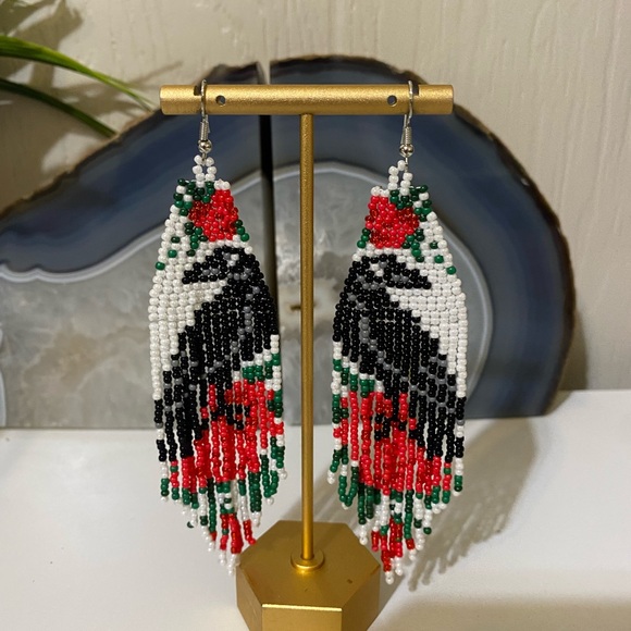 Handmade Jewelry - Beaded Fringe Earrings with Black Raven and Red Roses